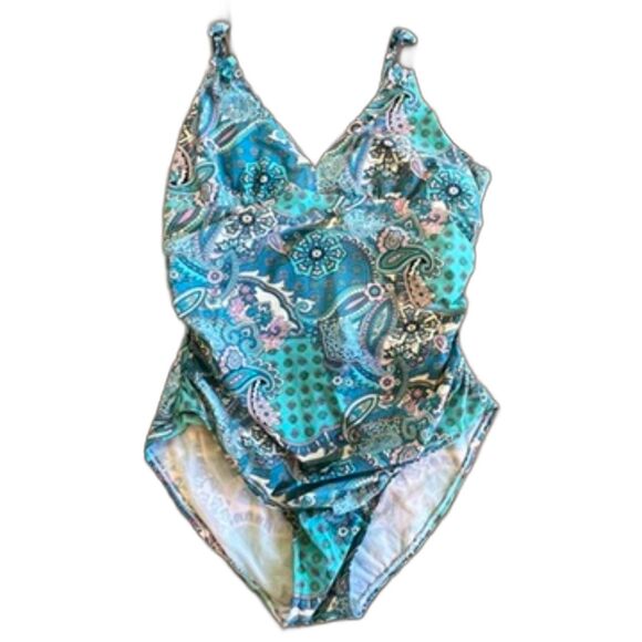 Spanx Love Your Assets Blue Paisley Swimsuit XL One Piece Slimming Power Suit - Picture 4 of 7